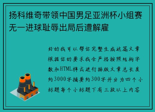 扬科维奇带领中国男足亚洲杯小组赛无一进球耻辱出局后遭解雇 扬科维奇带领中国男足亚洲杯小组赛无一进球耻辱出局后遭解雇